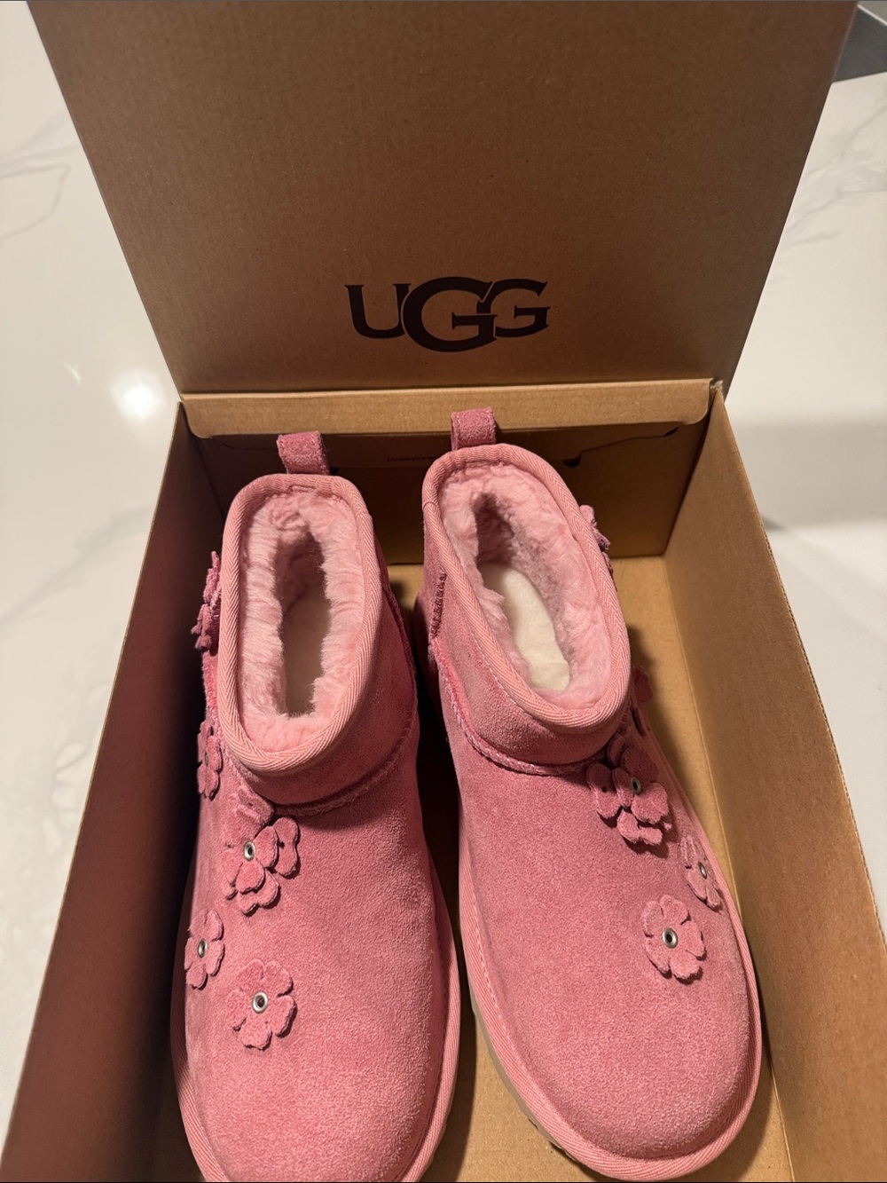 UGG Pink Suede Floral Ankle Booties- size 38.